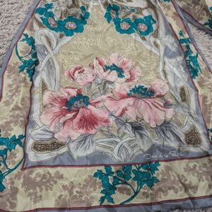 Oscar De La Renta Floral Silk Scarf with Pink and Teal Accents